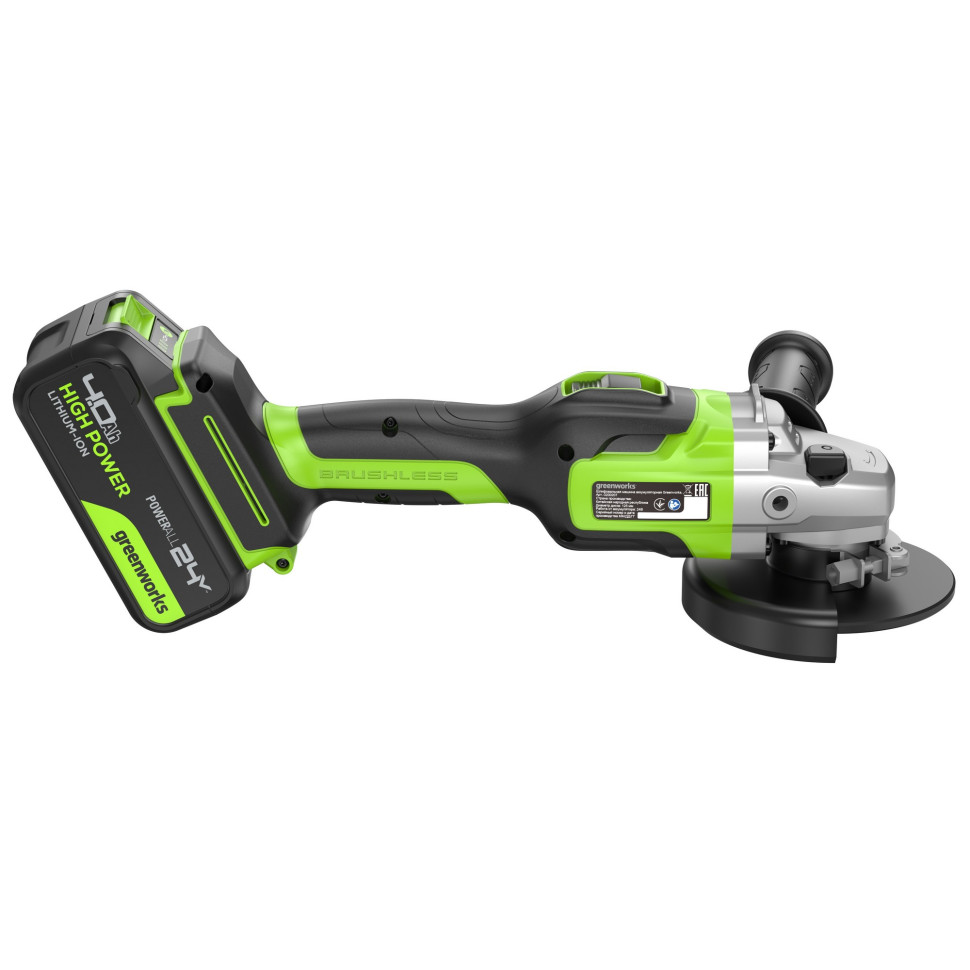 Угловая шлифовальная машина акк. Greenworks GD24AG, 24V, б/щет, 125 мм, 10500 об/мин,1x4Ач,быстрое ЗУ,коробка