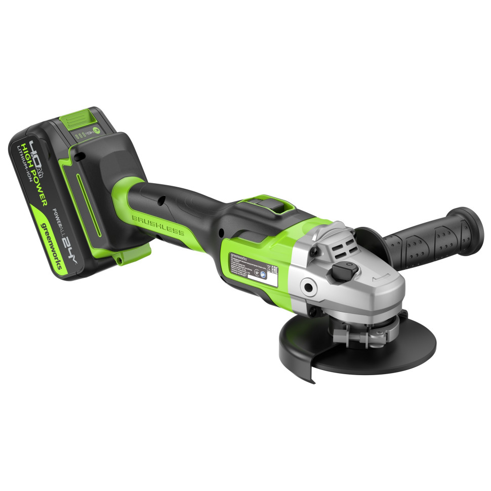 Угловая шлифовальная машина акк. Greenworks GD24AG, 24V, б/щет, 125 мм, 10500 об/мин,1x4Ач,быстрое ЗУ,коробка