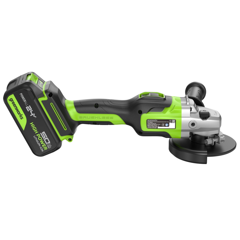 Угловая шлифовальная машина акк. Greenworks GD24AG, 24V, б/щет, 125 мм, 10500 об/мин,1x5Ач,быстрое ЗУ,коробка