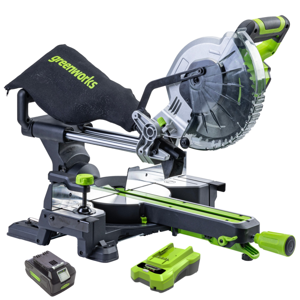 Торцовочная пила акк. Greenworks GD24MS216, 24V, б/щ, 4800 об/мин, 216x30мм,рез 65х310мм,c 1х5 АКБ Ач и ЗУ (1501707UG)