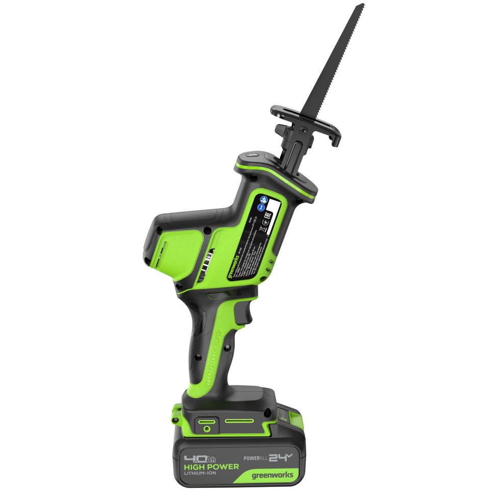 Пила сабельная акк. Greenworks GPT-CRS-25, 24V, б/щет, 0-3000/мин, рез 80 мм дер., LED, 1х4Ач,ЗУ,коробка