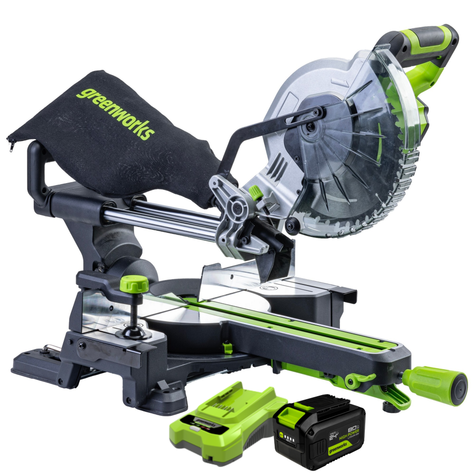Торцовочная пила акк. Greenworks GD24MS216, 24V, б/щ, 4800 об/мин, 216x30мм,рез 65х310мм,c 1х8Ач и ЗУ(1501707UH)