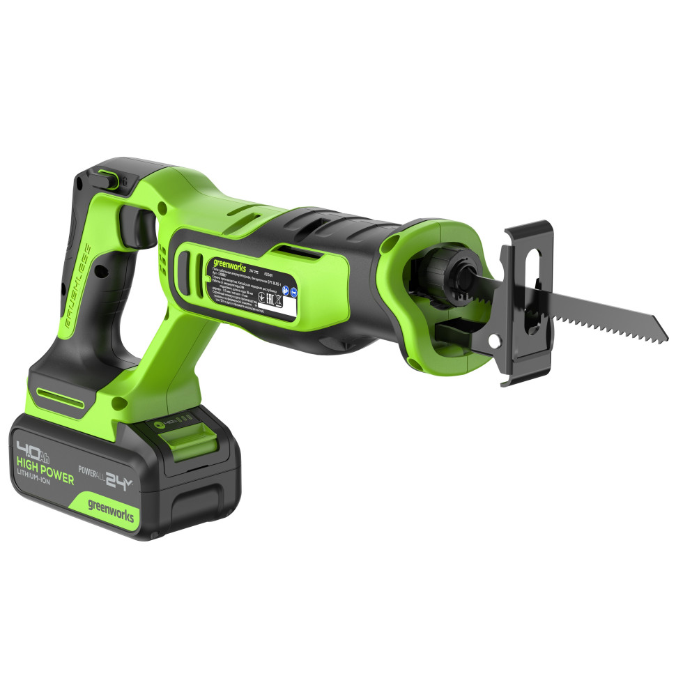 Пила сабельная акк. Greenworks GPT-BLRS-1, 24V, б/щет, 0-3000/мин, рез 115 мм дер.,1х4Ач,ЗУ,коробка