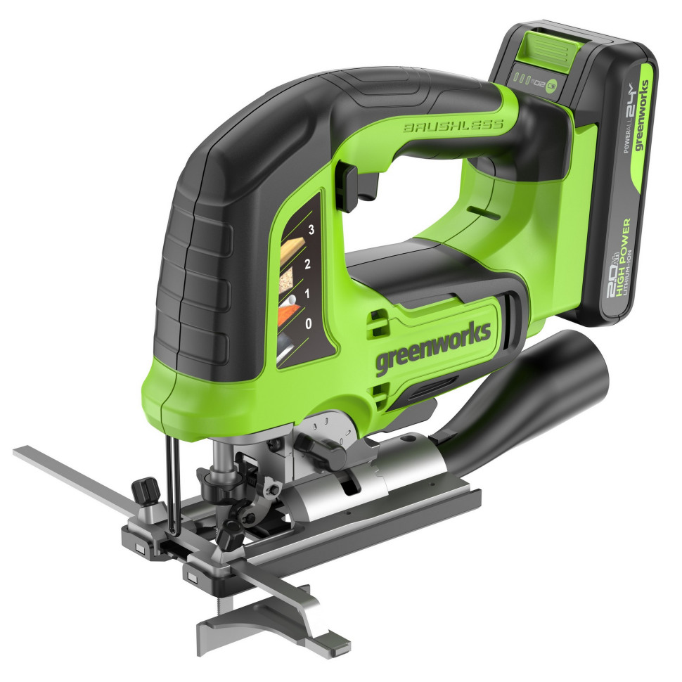 Аккумуляторный лобзик Greenworks GD24JS120, 24V, б/щет, 120 мм, 0-3500/мин, 4-ст.маятник, алю.подошва,LED,1х2Ач,ЗУ,коробка