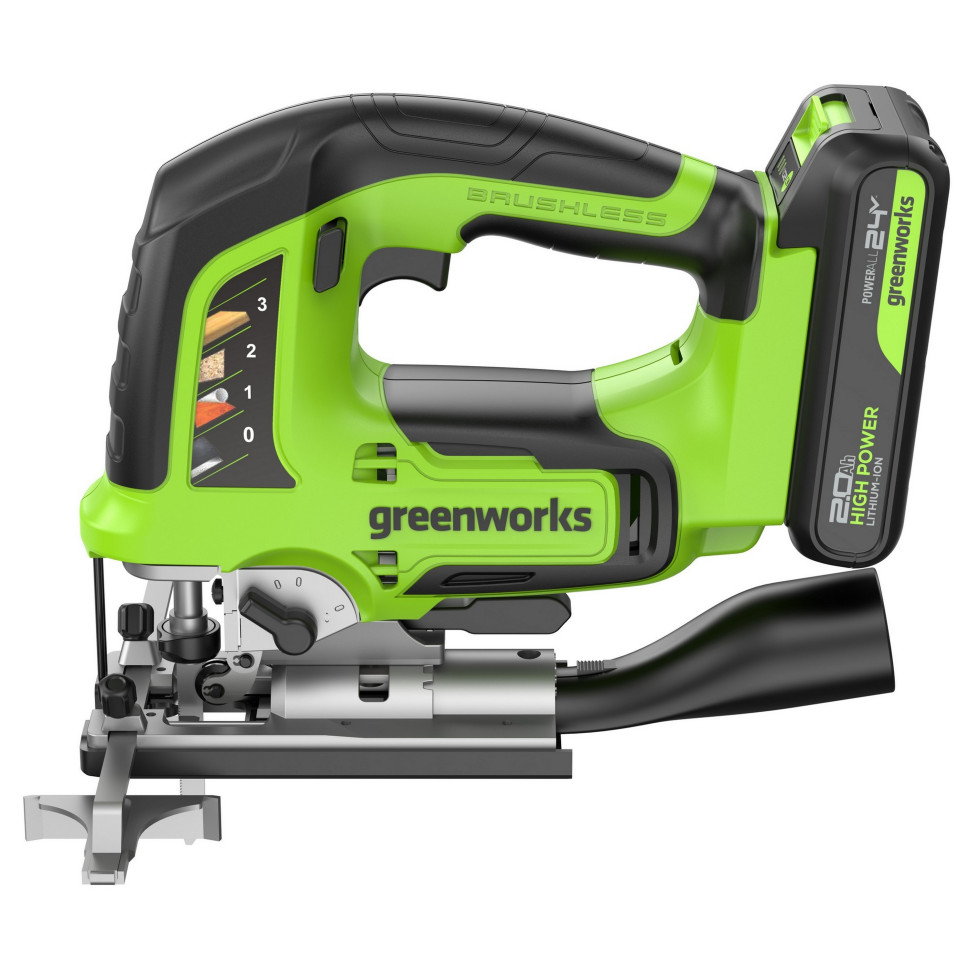 Аккумуляторный лобзик Greenworks GD24JS120, 24V, б/щет, 120 мм, 0-3500/мин, 4-ст.маятник, алю.подошва,LED,1х2Ач,ЗУ,коробка