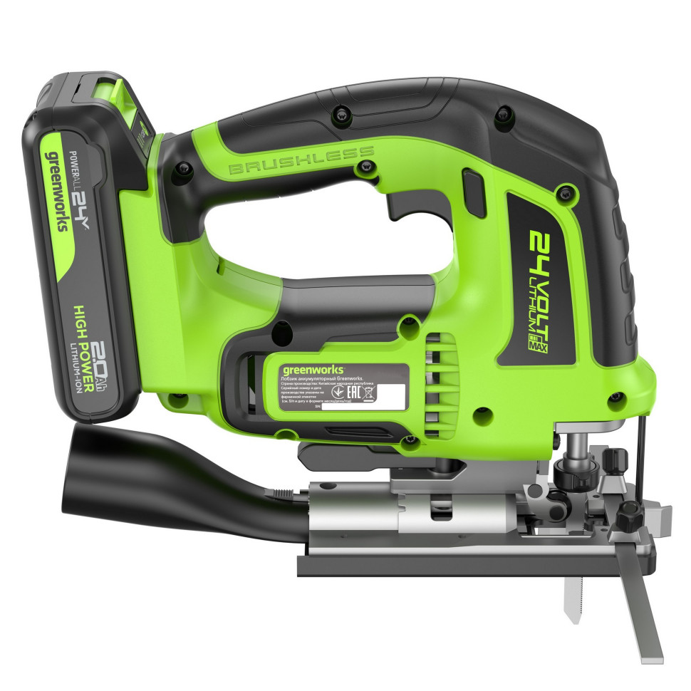 Аккумуляторный лобзик Greenworks GD24JS120, 24V, б/щет, 120 мм, 0-3500/мин, 4-ст.маятник, алю.подошва,LED,1х2Ач,ЗУ,коробка