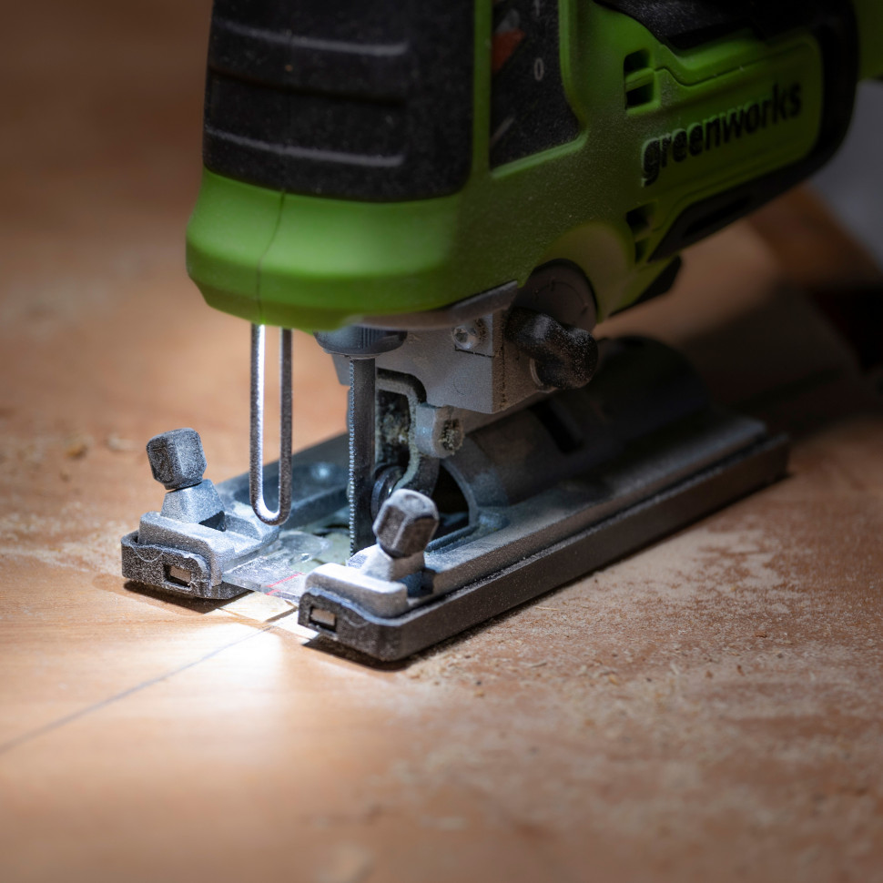 Аккумуляторный лобзик Greenworks GD24JS120, 24V, б/щет, 120 мм, 0-3500/мин, 4-ст.маятник, алю.подошва,LED,1х2Ач,ЗУ,коробка