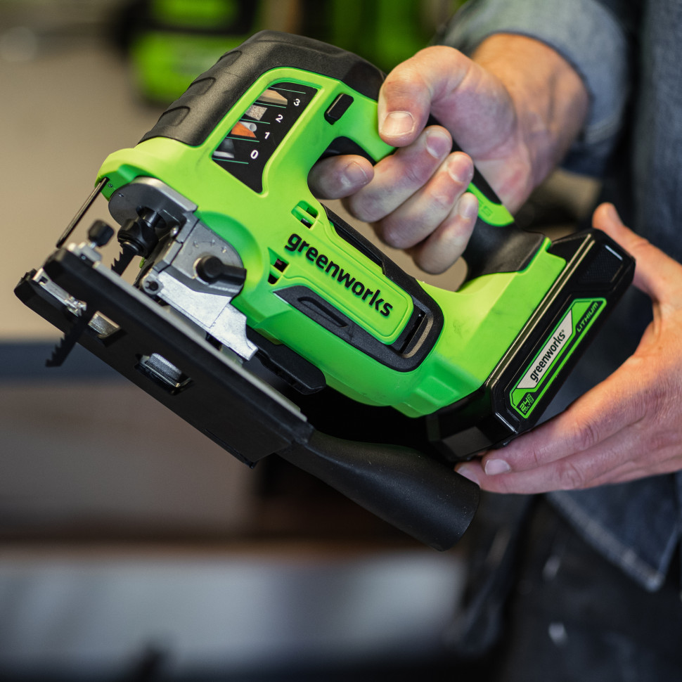 Аккумуляторный лобзик Greenworks GD24JS120, 24V, б/щет, 120 мм, 0-3500/мин, 4-ст.маятник, алю.подошва,LED,1х2Ач,ЗУ,коробка