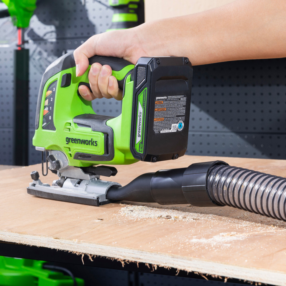 Аккумуляторный лобзик Greenworks GD24JS120, 24V, б/щет, 120 мм, 0-3500/мин, 4-ст.маятник, алю.подошва,LED,1х2Ач,ЗУ,коробка