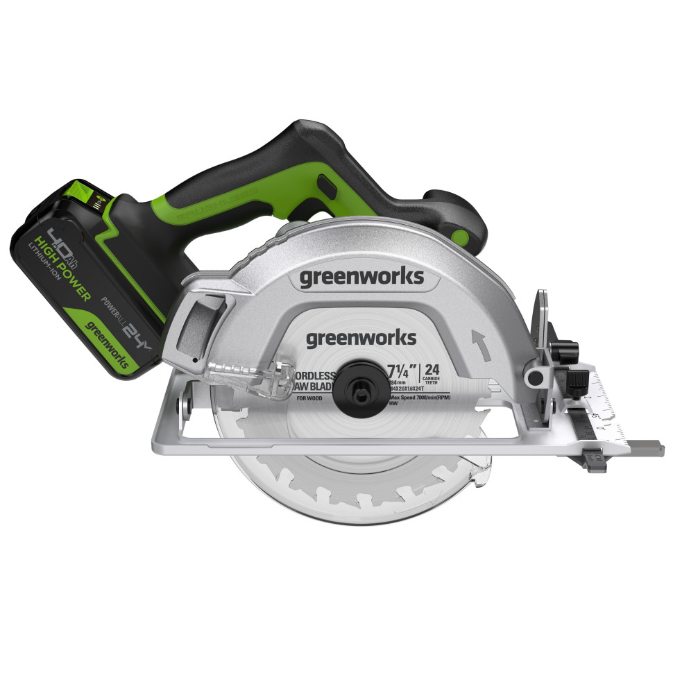 Дисковая пила акк. Greenworks GD24CS, 24V,б/щет,185х20мм, 4500 об/мин, рез 63мм,1х4Ач,ЗУ,коробка