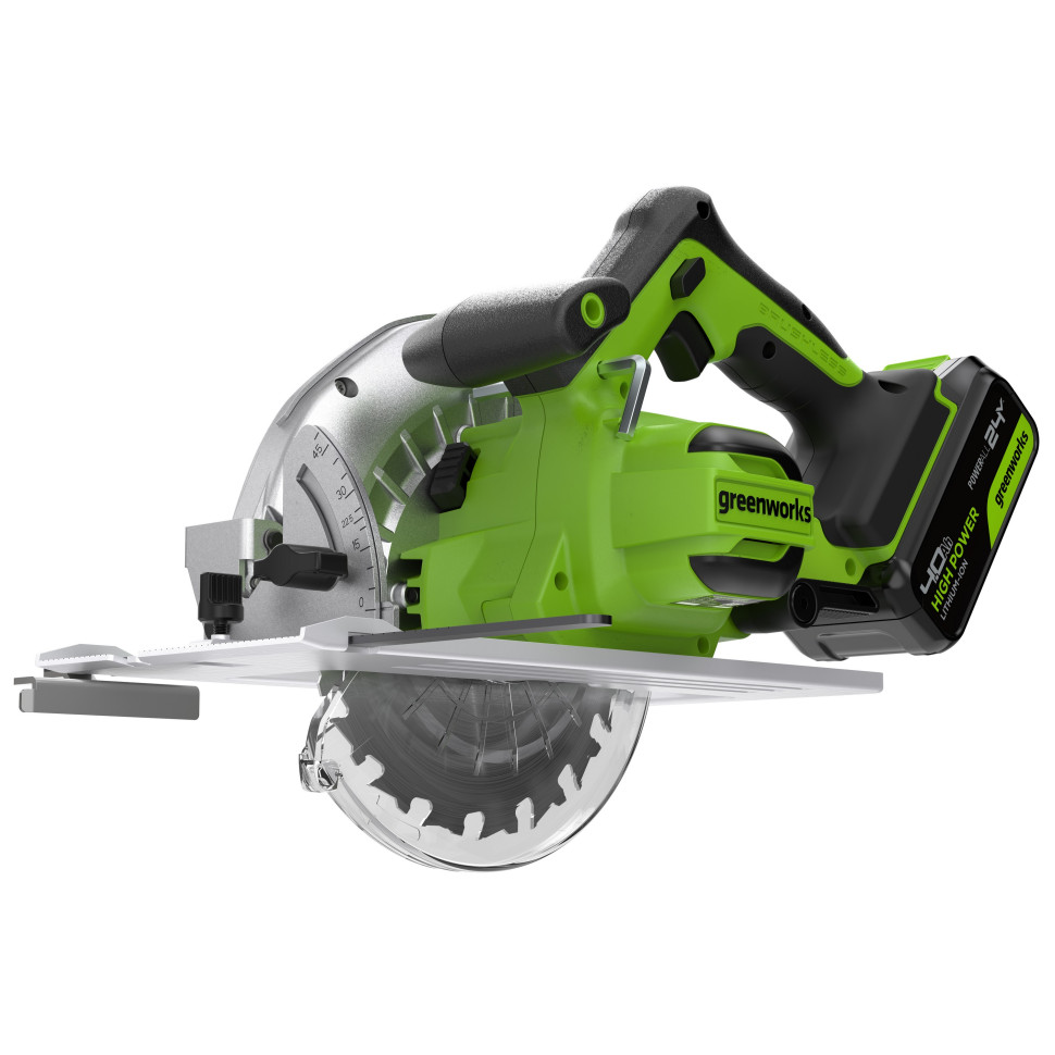 Дисковая пила акк. Greenworks GD24CS, 24V,б/щет,185х20мм, 4500 об/мин, рез 63мм,1х4Ач,ЗУ,коробка
