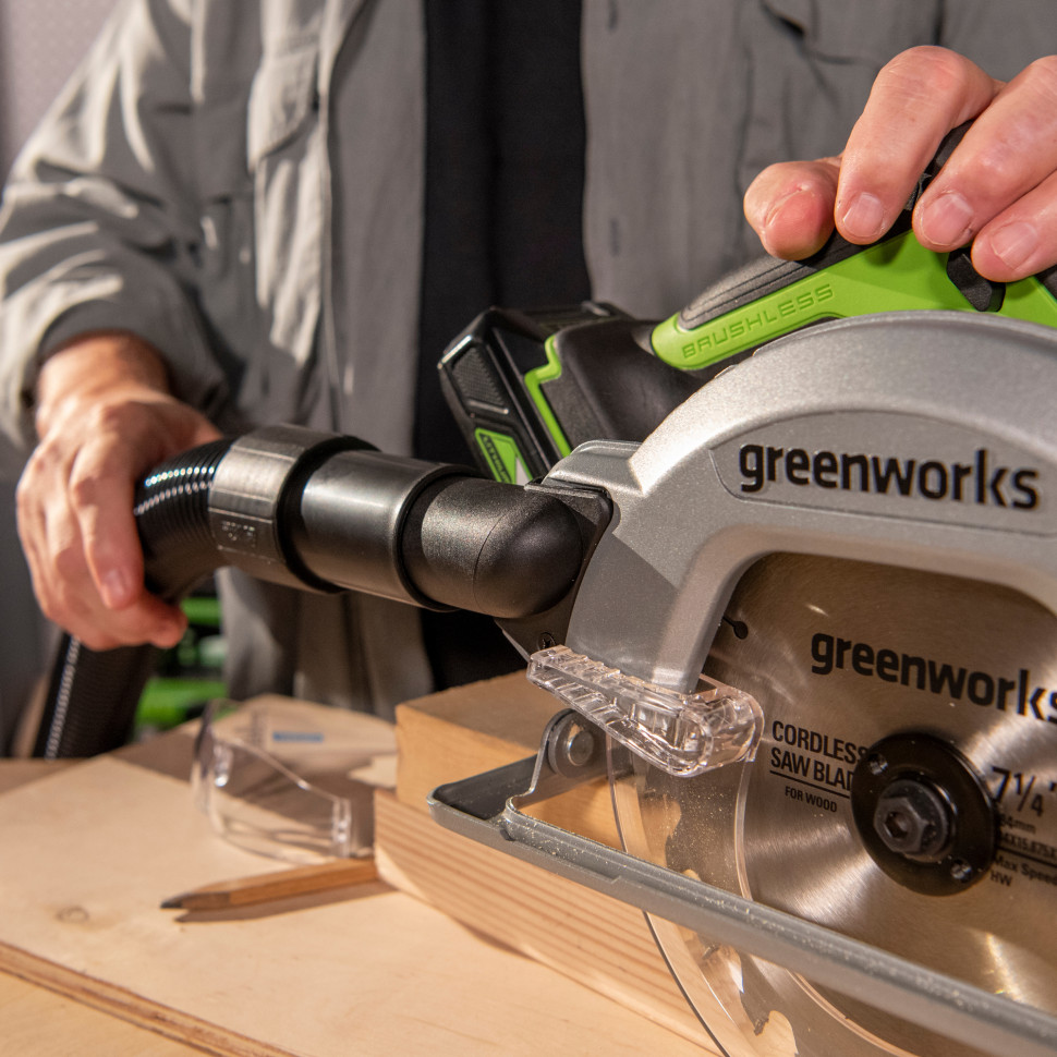 Дисковая пила акк. Greenworks GD24CS, 24V,б/щет,185х20мм, 4500 об/мин, рез 63мм,1х4Ач,ЗУ,коробка