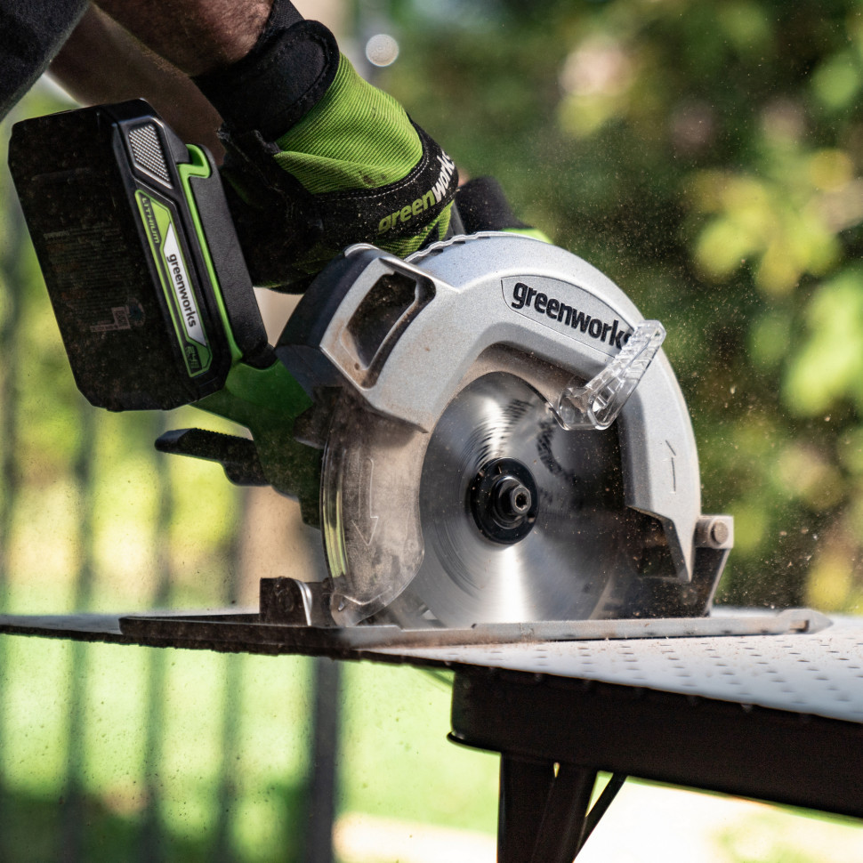 Дисковая пила акк. Greenworks GD24CS, 24V,б/щет,185х20мм, 4500 об/мин, рез 63мм,1х4Ач,ЗУ,коробка