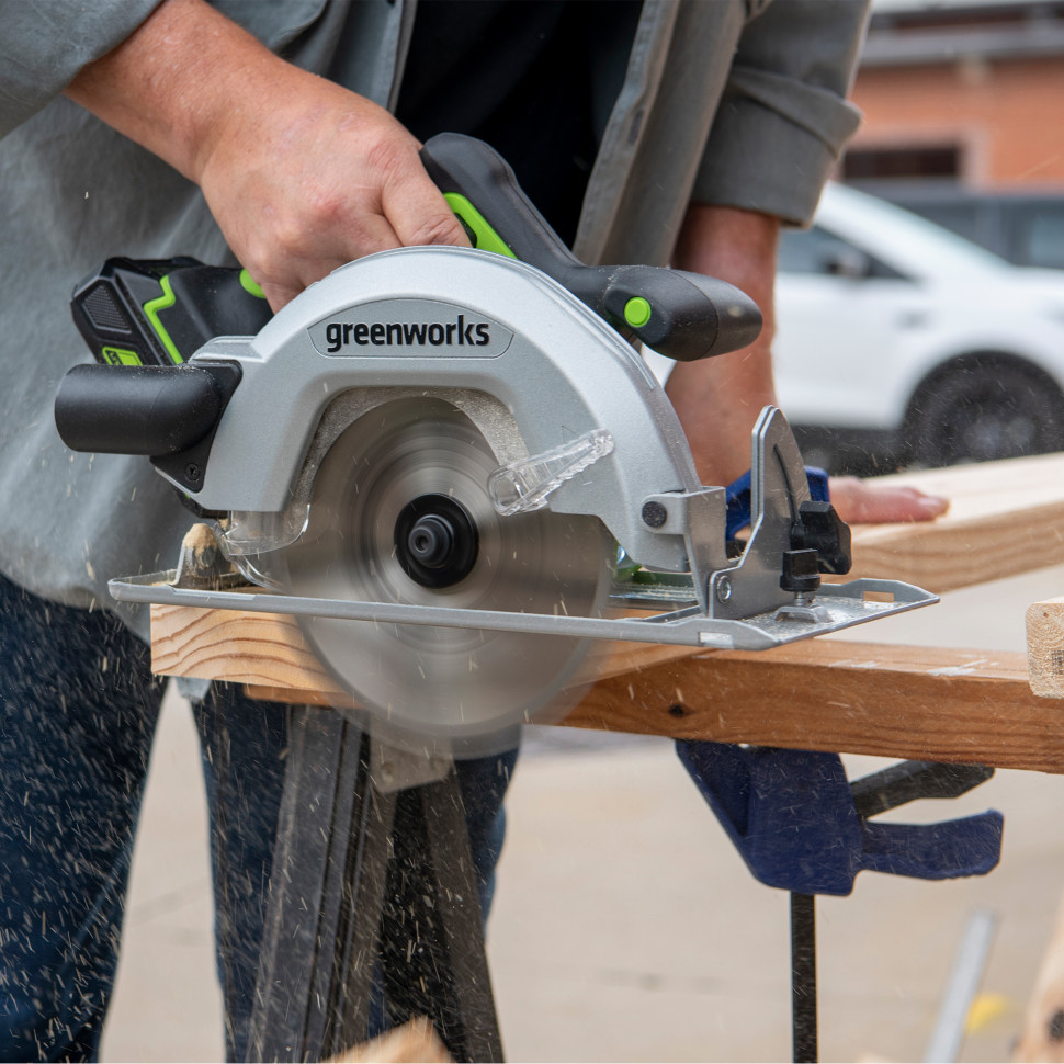 Дисковая пила акк. Greenworks GD24CS, 24V,б/щет,185х20мм, 4500 об/мин, рез 63мм,1х4Ач,ЗУ,коробка