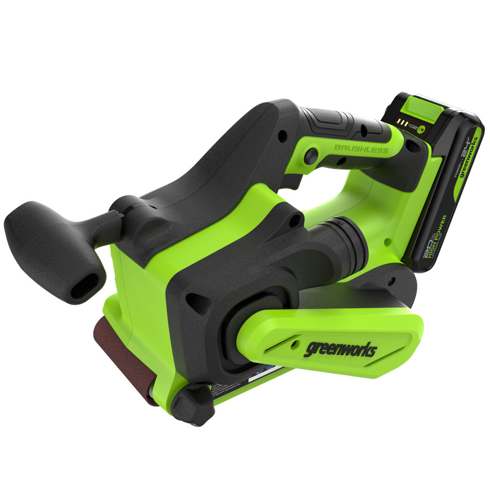 Ленточная шлифовальная машина акк. Greenworks G24BS, 24V, б/щет, 75х457мм, 259 м/мин,1х2Ач,ЗУ,коробка
