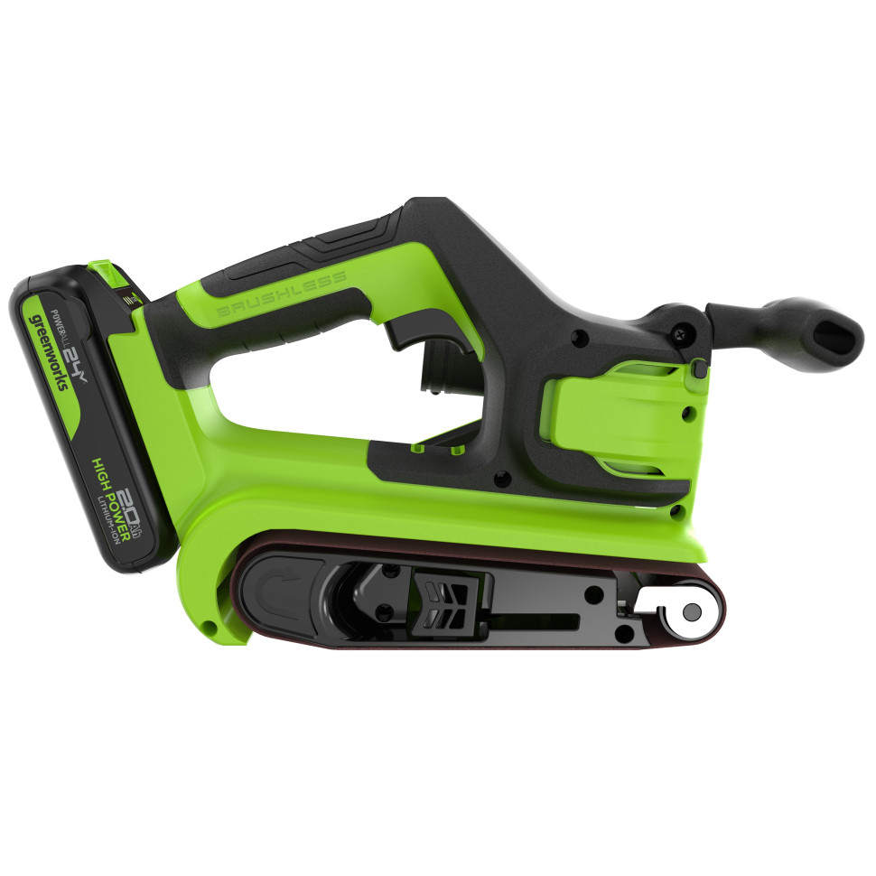 Ленточная шлифовальная машина акк. Greenworks G24BS, 24V, б/щет, 75х457мм, 259 м/мин,1х2Ач,ЗУ,коробка