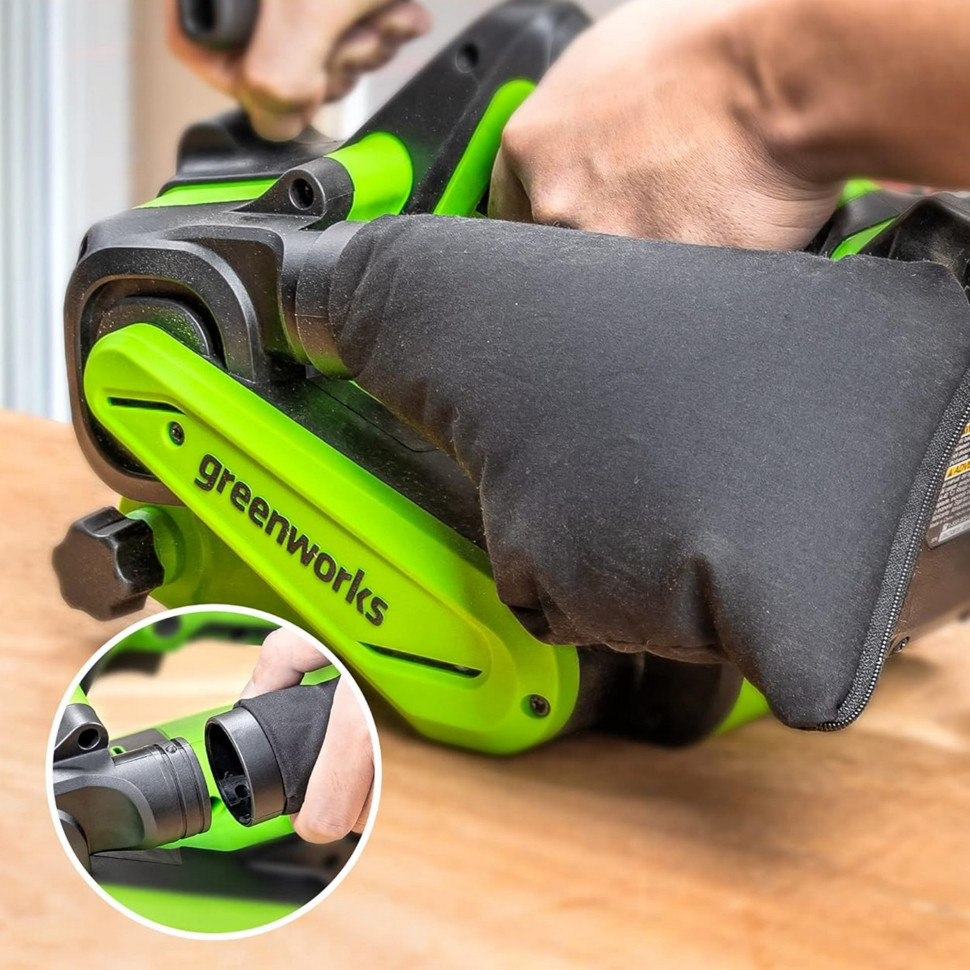 Ленточная шлифовальная машина акк. Greenworks G24BS, 24V, б/щет, 75х457мм, 259 м/мин,1х2Ач,ЗУ,коробка