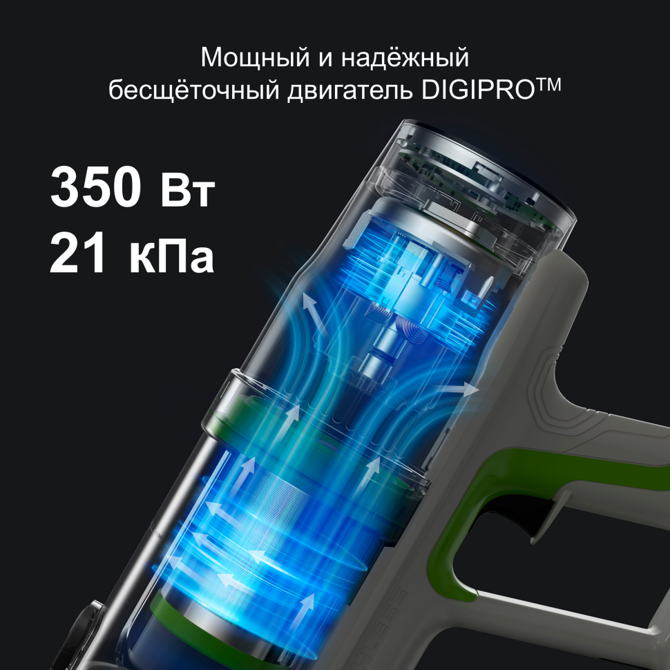 Пылесос вертикальный акк. Greenworks SV24532, 24V, б/щет, 350 Вт, 21 кПа, электрощетка, 3 насадки, LED, белый+зеленый, 1х4Ач и ЗУ