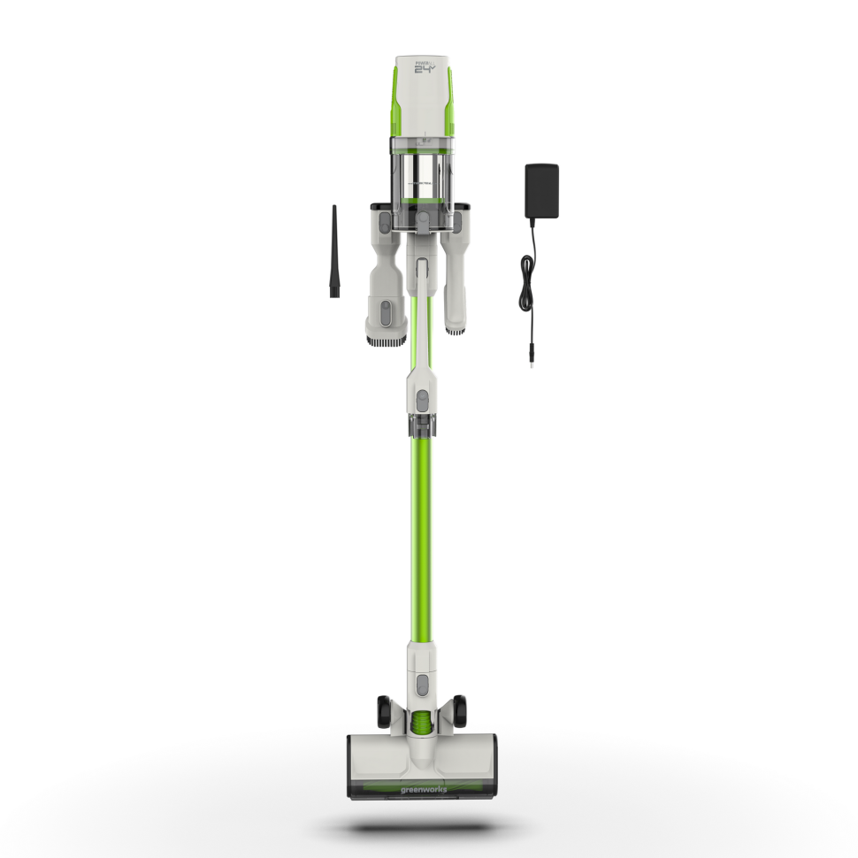 Пылесос вертикальный акк. Greenworks SV24532, 24V, б/щет, 350 Вт, 21 кПа, электрощетка, 3 насадки, LED, белый+зеленый, 1х4Ач и ЗУ