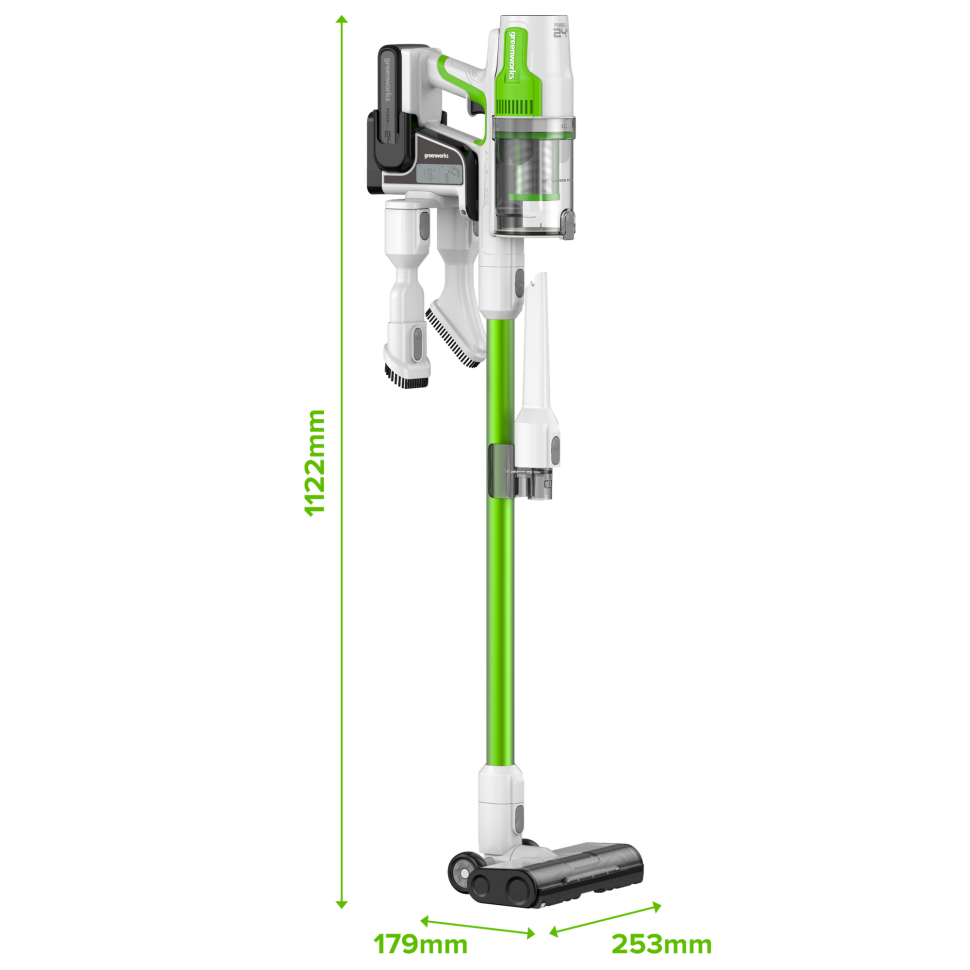 Пылесос вертикальный акк. Greenworks SV24532, 24V, б/щет, 350 Вт, 21 кПа, электрощетка, 3 насадки, LED, белый+зеленый, 1х4Ач и ЗУ