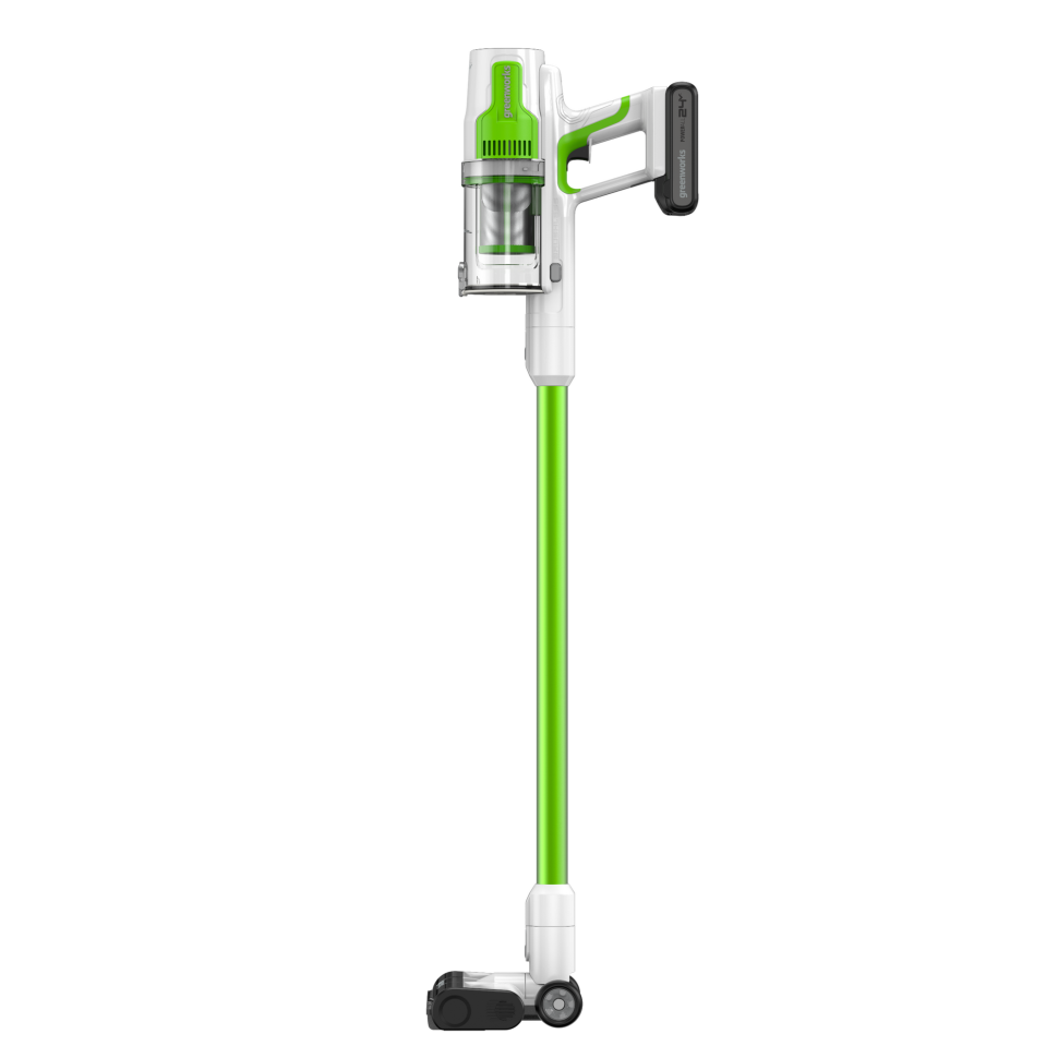 Пылесос вертикальный акк. Greenworks SV24532, 24V, б/щет, 350 Вт, 21 кПа, электрощетка, 3 насадки, LED, белый+зеленый, 1х4Ач и ЗУ