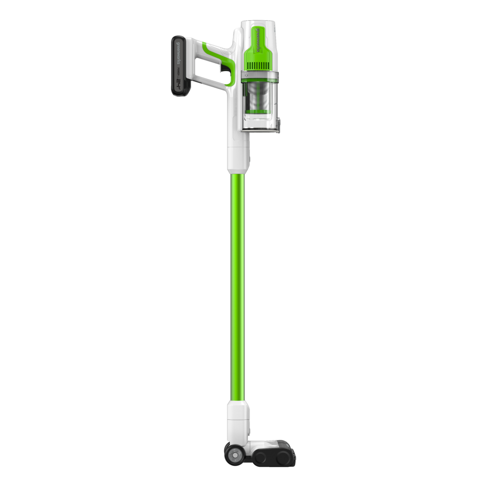 Пылесос вертикальный акк. Greenworks SV24532, 24V, б/щет, 350 Вт, 21 кПа, электрощетка, 3 насадки, LED, белый+зеленый, 1х4Ач и ЗУ