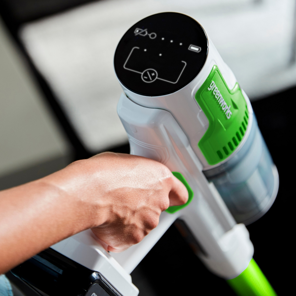 Пылесос вертикальный акк. Greenworks SV24532, 24V, б/щет, 350 Вт, 21 кПа, электрощетка, 3 насадки, LED, белый+зеленый, 1х4Ач и ЗУ