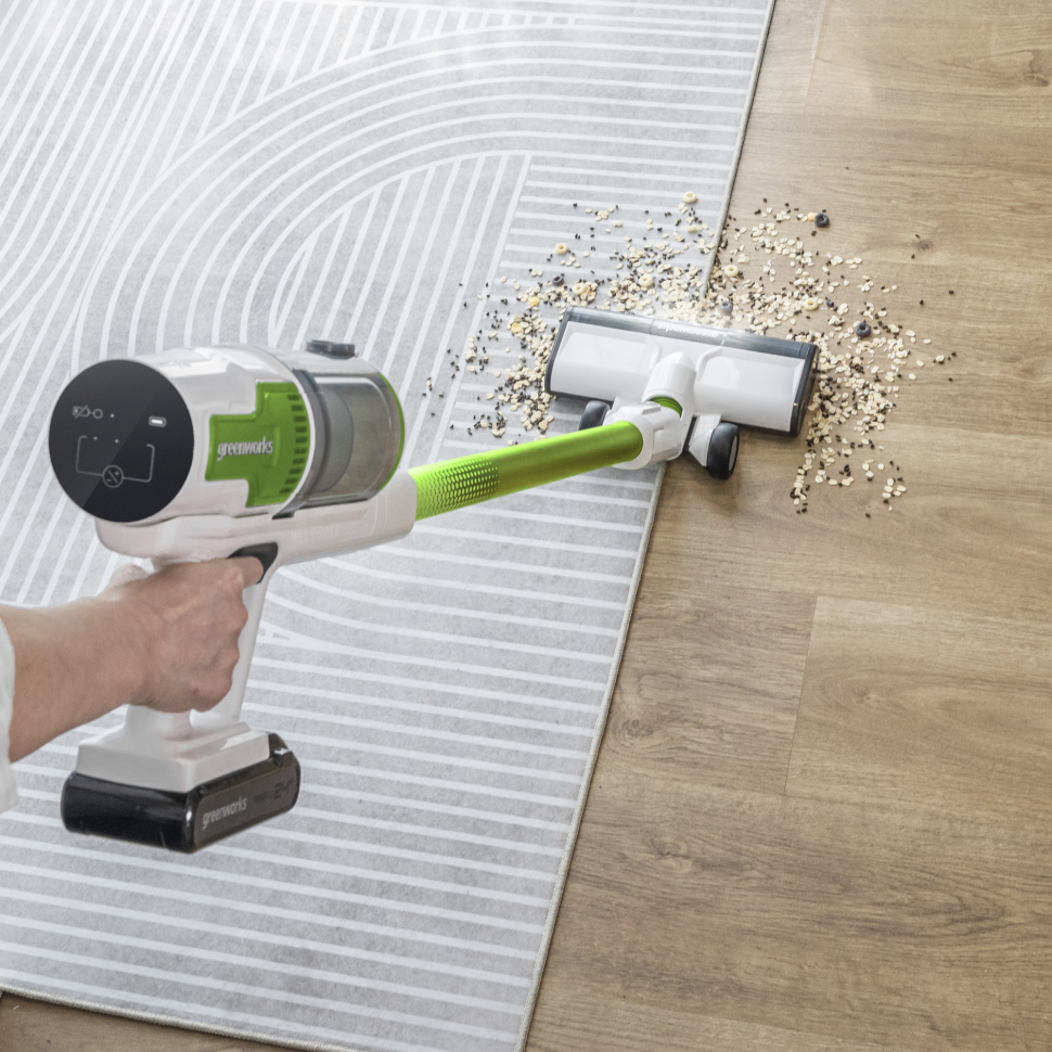 Пылесос вертикальный акк. Greenworks SV24532, 24V, б/щет, 350 Вт, 21 кПа, электрощетка, 3 насадки, LED, белый+зеленый, 1х4Ач и ЗУ