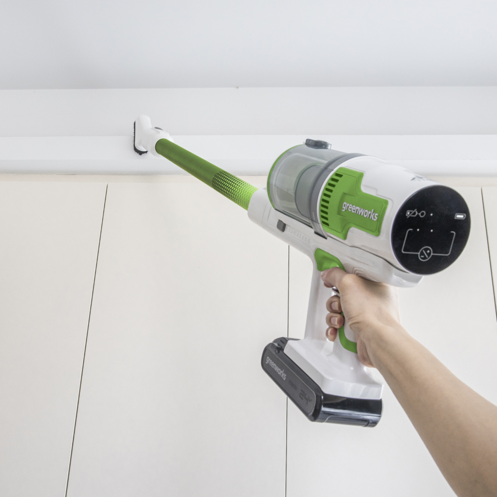 Пылесос вертикальный акк. Greenworks SV24532, 24V, б/щет, 350 Вт, 21 кПа, электрощетка, 3 насадки, LED, белый+зеленый, 1х4Ач и ЗУ