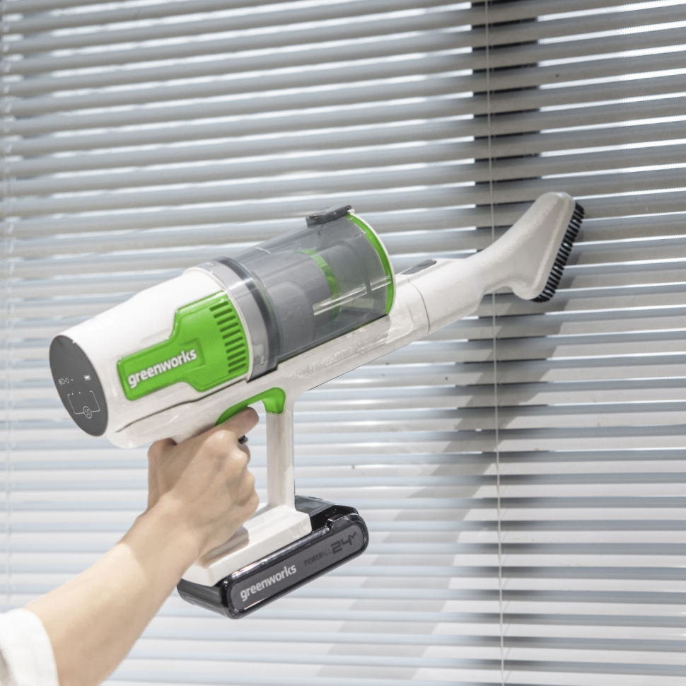 Пылесос вертикальный акк. Greenworks SV24532, 24V, б/щет, 350 Вт, 21 кПа, электрощетка, 3 насадки, LED, белый+зеленый, 1х4Ач и ЗУ