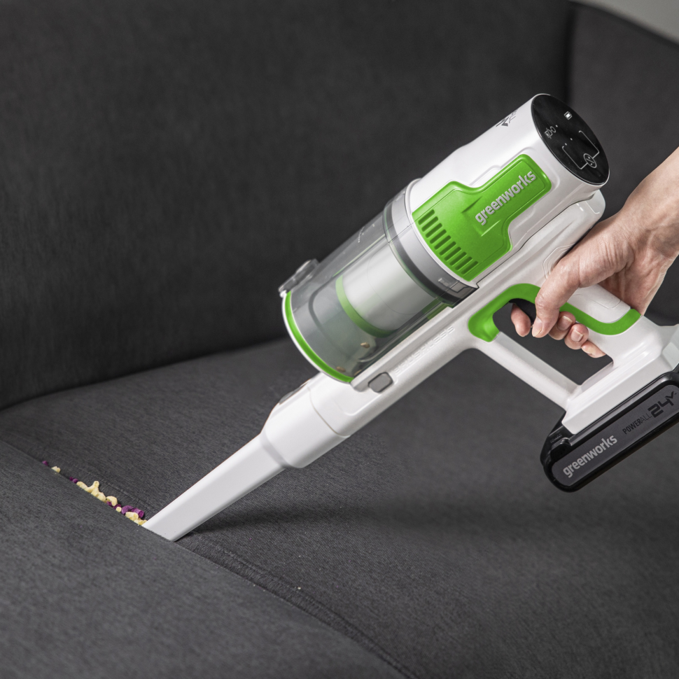 Пылесос вертикальный акк. Greenworks SV24532, 24V, б/щет, 350 Вт, 21 кПа, электрощетка, 3 насадки, LED, белый+зеленый, 1х4Ач и ЗУ