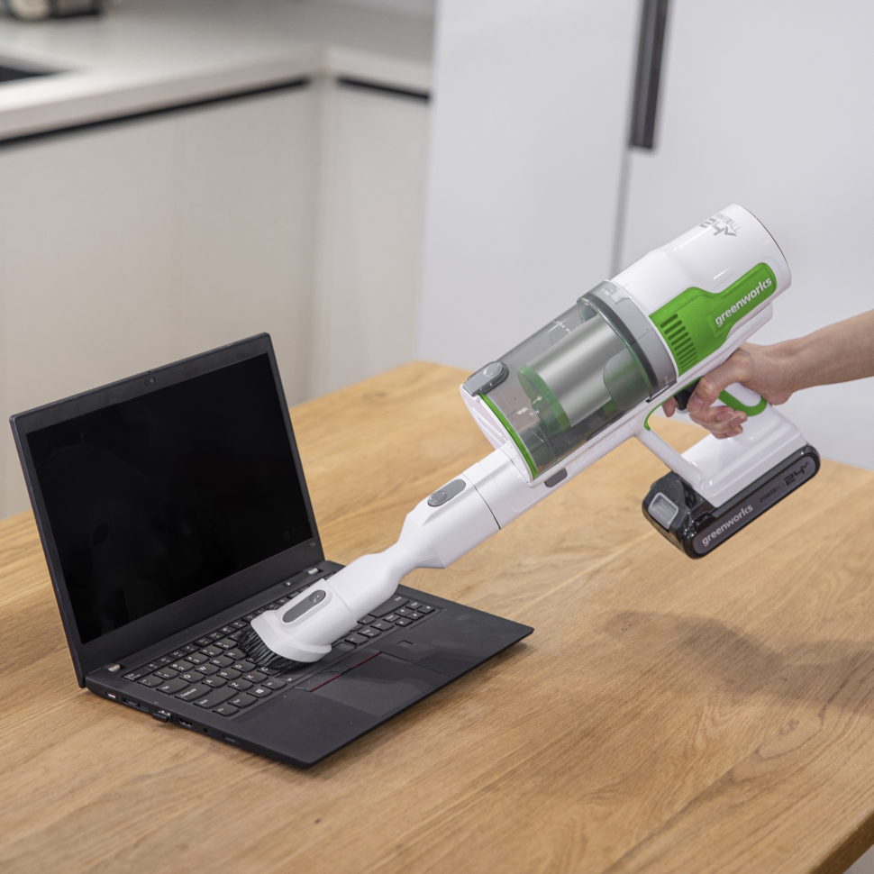 Пылесос вертикальный акк. Greenworks SV24532, 24V, б/щет, 350 Вт, 21 кПа, электрощетка, 3 насадки, LED, белый+зеленый, 1х4Ач и ЗУ