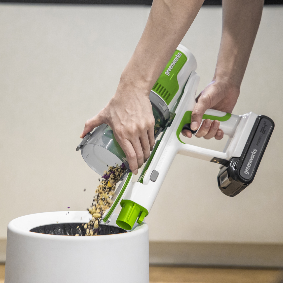 Пылесос вертикальный акк. Greenworks SV24532, 24V, б/щет, 350 Вт, 21 кПа, электрощетка, 3 насадки, LED, белый+зеленый, 1х4Ач и ЗУ