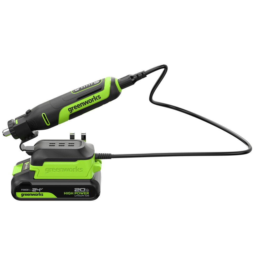 Гравер акк. Greenworks G24RT, 24V, б/щет, 6500–35000 об/мин, цанги 2,4/3,2мм, оснастка 52 шт,1х2Ач,ЗУ,сумка,коробка