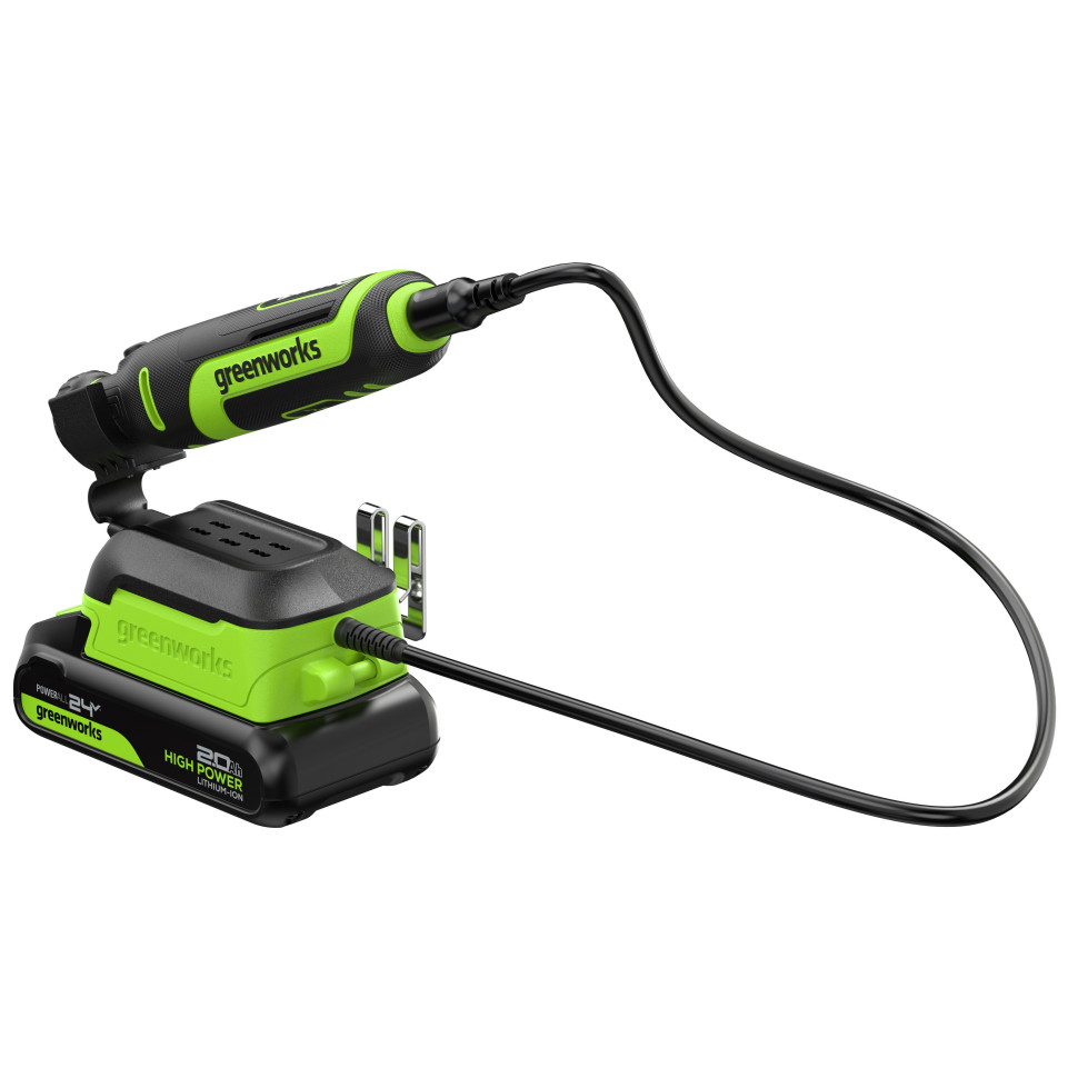 Гравер акк. Greenworks G24RT, 24V, б/щет, 6500–35000 об/мин, цанги 2,4/3,2мм, оснастка 52 шт,1х2Ач,ЗУ,сумка,коробка