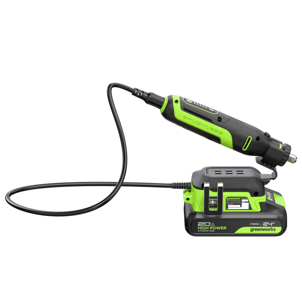 Гравер акк. Greenworks G24RT, 24V, б/щет, 6500–35000 об/мин, цанги 2,4/3,2мм, оснастка 52 шт,1х2Ач,ЗУ,сумка,коробка