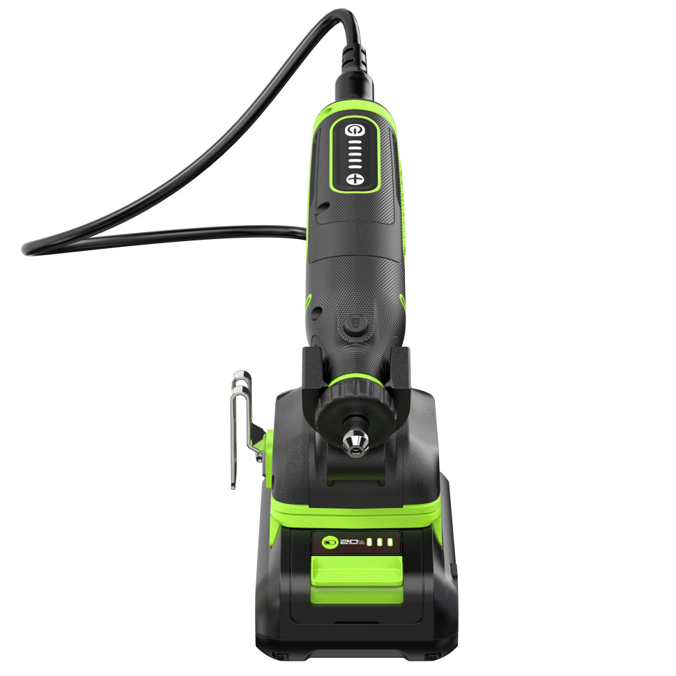 Гравер акк. Greenworks G24RT, 24V, б/щет, 6500–35000 об/мин, цанги 2,4/3,2мм, оснастка 52 шт,1х2Ач,ЗУ,сумка,коробка
