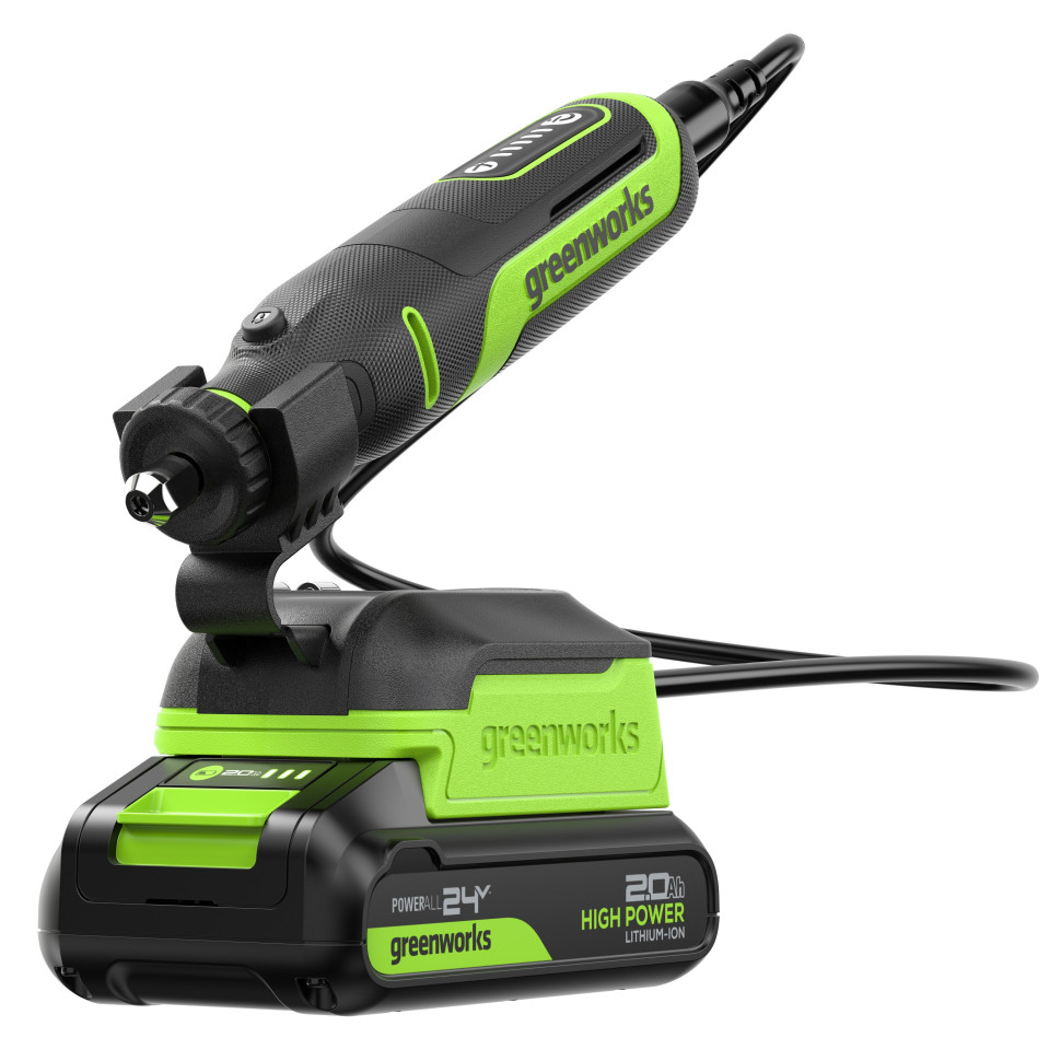 Гравер акк. Greenworks G24RT, 24V, б/щет, 6500–35000 об/мин, цанги 2,4/3,2мм, оснастка 52 шт,1х2Ач,ЗУ,сумка,коробка