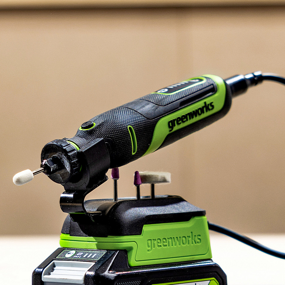 Гравер акк. Greenworks G24RT, 24V, б/щет, 6500–35000 об/мин, цанги 2,4/3,2мм, оснастка 52 шт,1х2Ач,ЗУ,сумка,коробка