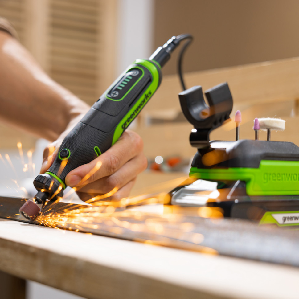 Гравер акк. Greenworks G24RT, 24V, б/щет, 6500–35000 об/мин, цанги 2,4/3,2мм, оснастка 52 шт,1х2Ач,ЗУ,сумка,коробка