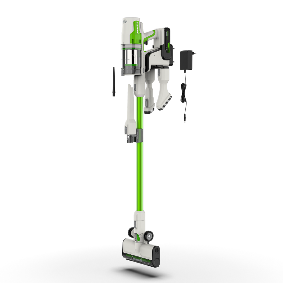 Пылесос вертикальный акк. Greenworks SV24532, 24V, б/щет, 350 Вт, 21 кПа, электрощетка, 3 насадки, LED, белый+зеленый, 1х2Ач и ЗУ 