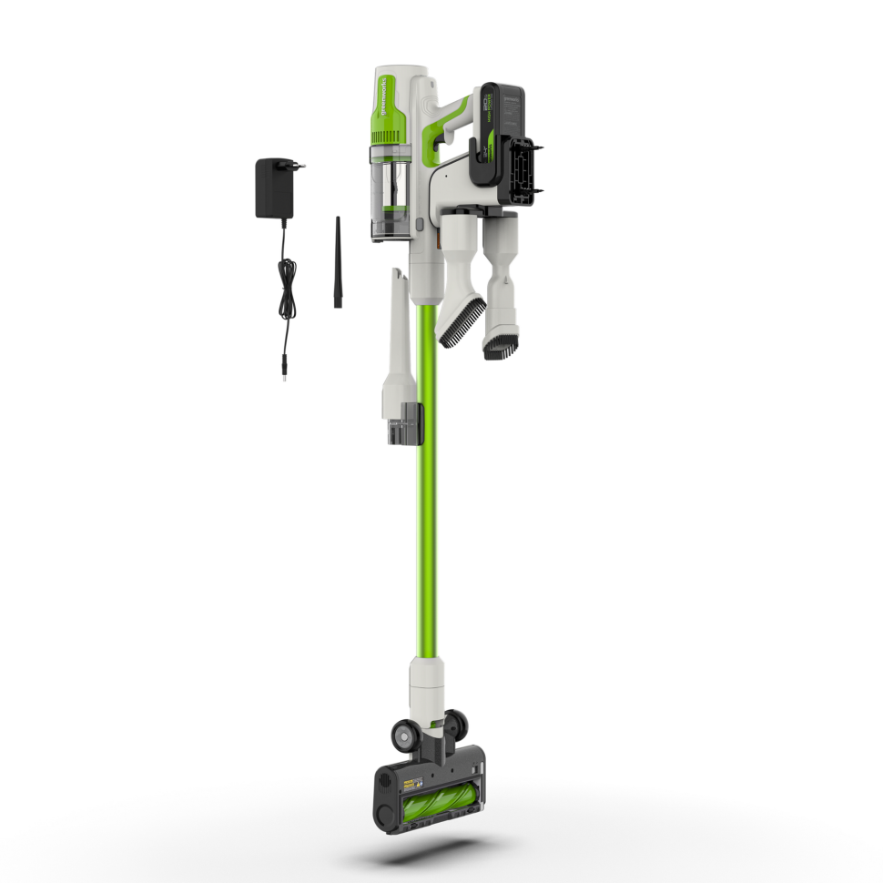 Пылесос вертикальный акк. Greenworks SV24532, 24V, б/щет, 350 Вт, 21 кПа, электрощетка, 3 насадки, LED, белый+зеленый, 1х2Ач и ЗУ 