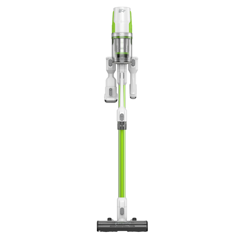 Пылесос вертикальный акк. Greenworks SV24532, 24V, б/щет, 350 Вт, 21 кПа, электрощетка, 3 насадки, LED, белый+зеленый, 1х2Ач и ЗУ 