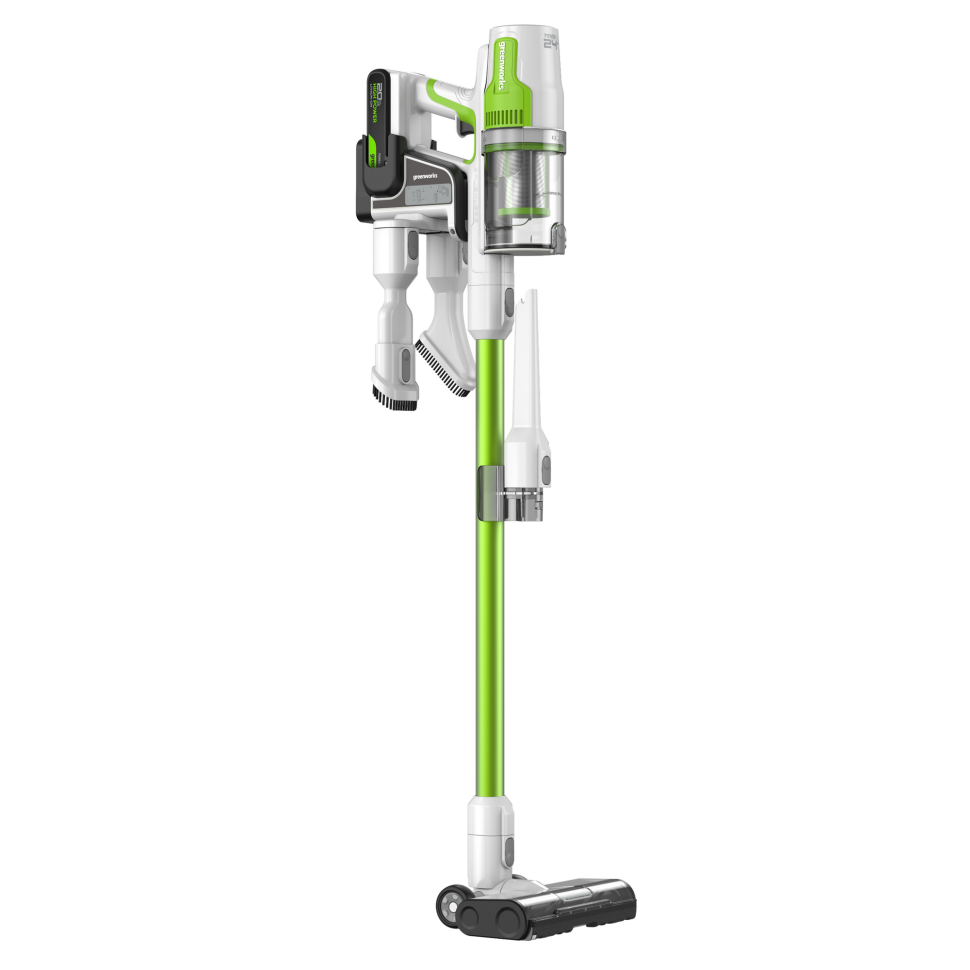 Пылесос вертикальный акк. Greenworks SV24532, 24V, б/щет, 350 Вт, 21 кПа, электрощетка, 3 насадки, LED, белый+зеленый, 1х2Ач и ЗУ 