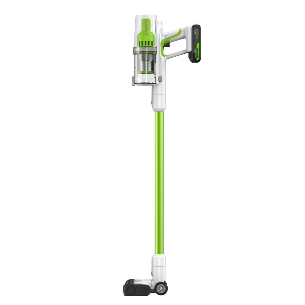 Пылесос вертикальный акк. Greenworks SV24532, 24V, б/щет, 350 Вт, 21 кПа, электрощетка, 3 насадки, LED, белый+зеленый, 1х2Ач и ЗУ 