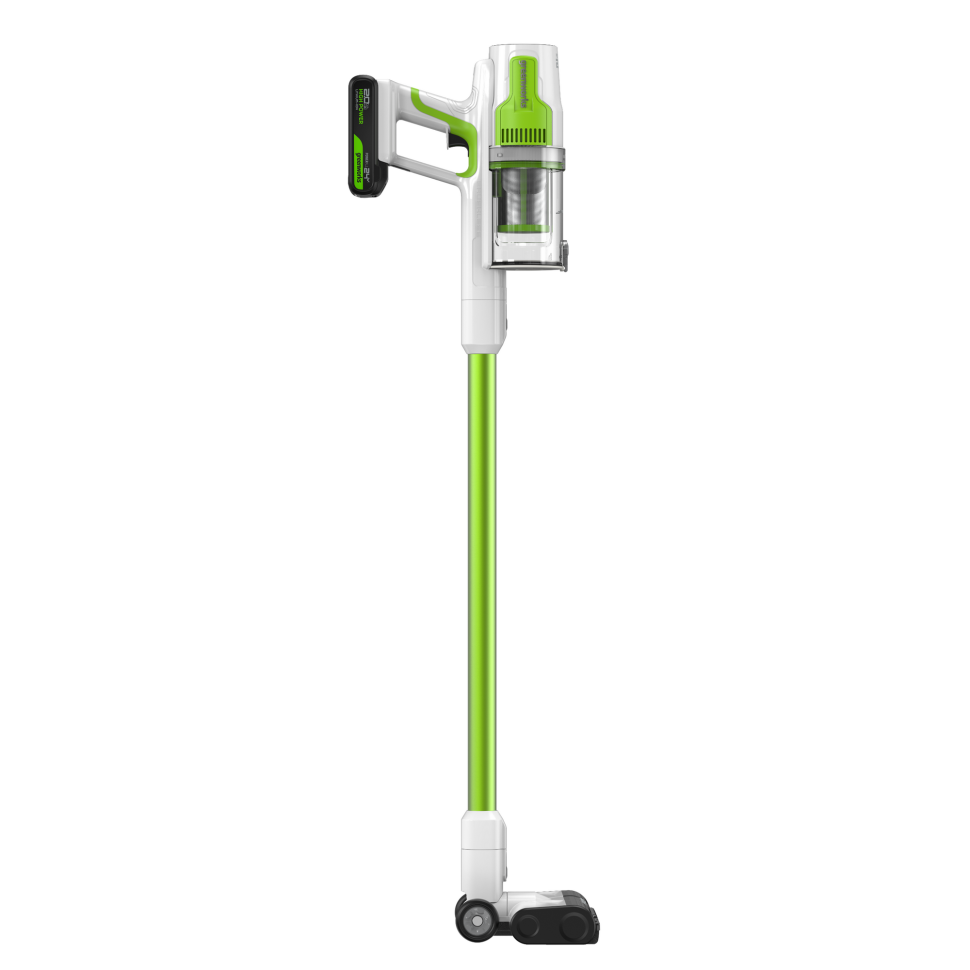 Пылесос вертикальный акк. Greenworks SV24532, 24V, б/щет, 350 Вт, 21 кПа, электрощетка, 3 насадки, LED, белый+зеленый, 1х2Ач и ЗУ 