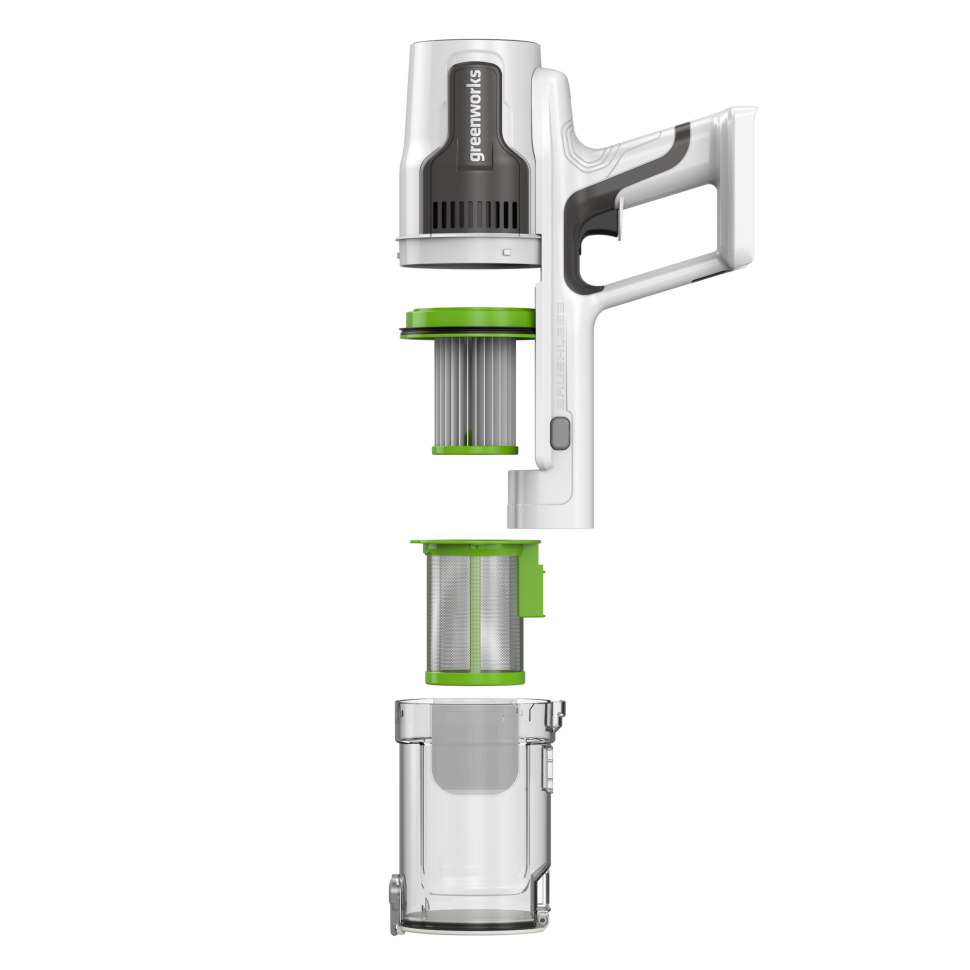 Пылесос вертикальный акк. Greenworks SV24532, 24V, б/щет, 350 Вт, 21 кПа, электрощетка, 3 насадки, LED, белый+зеленый, 1х2Ач и ЗУ 