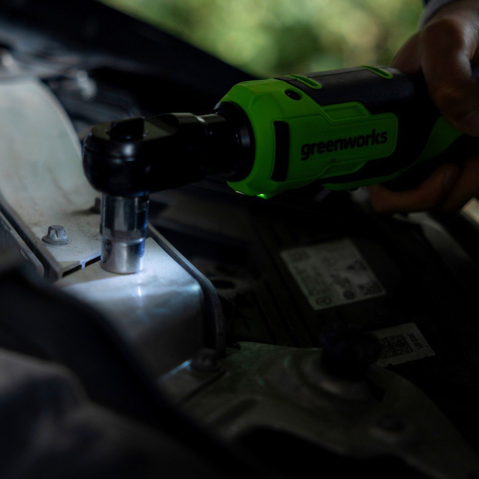 Гайковерт-трещотка акк. Greenworks GD24RW, 24V,б/щет,0-250об/мин, 1/2", 80Нм, 70 мм, без АКБ и ЗУ, сумка