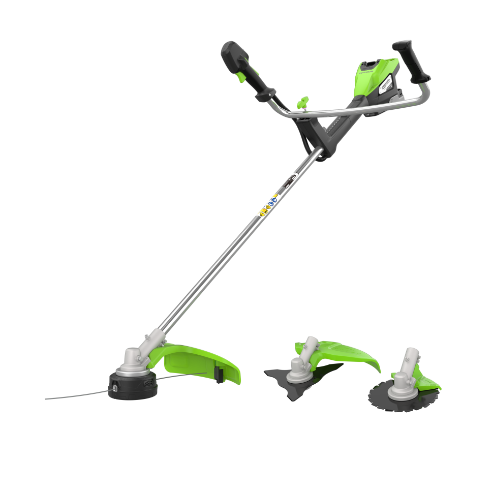 Аккумуляторный триммер Greenworks TB201Hk8, 82v, 46 см, ø 2.4/3 мм, 2 кВт (2,7 л.с.), в комплекте с АКБ 8 А·ч и ЗУ (насадки нож и кусторез)
