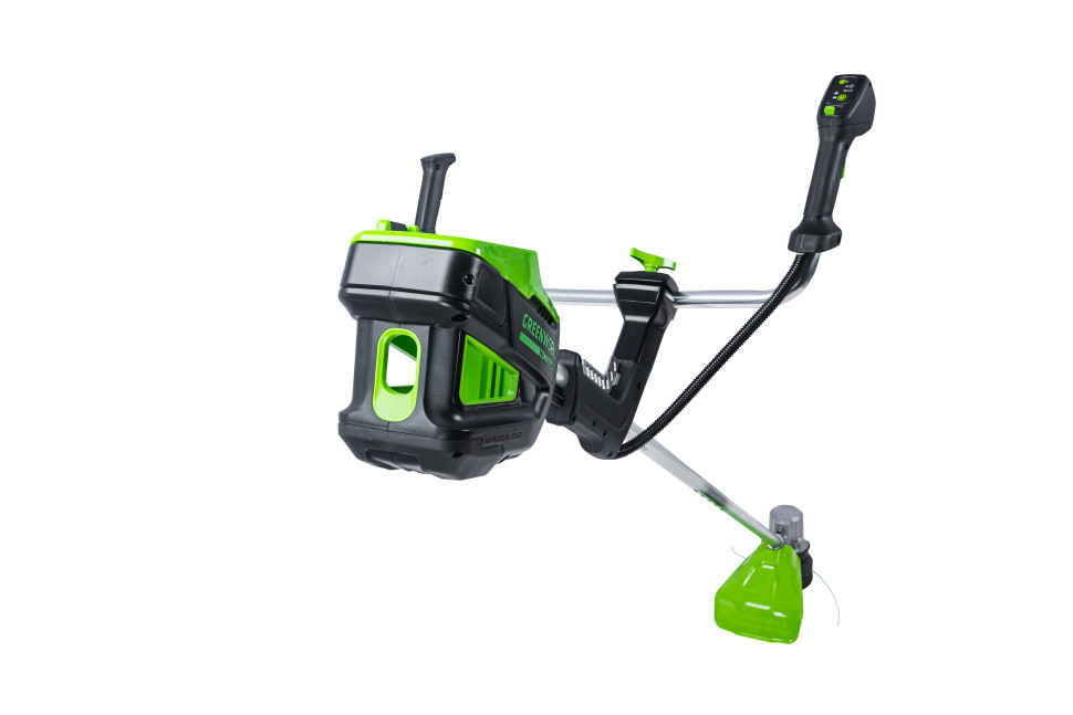 Аккумуляторный триммер Greenworks TB201Hk8, 82v, 46 см, ø 2.4/3 мм, 2 кВт (2,7 л.с.), в комплекте с АКБ 8 А·ч и ЗУ (насадки нож и кусторез)